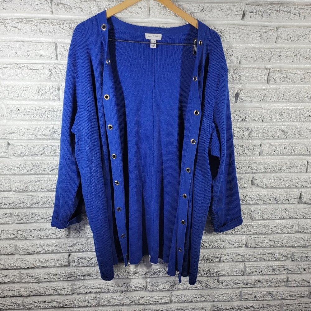 Susan Graver Womens 2X Blue Open Front Cardigan Knit Sweater Grommet SWE71E